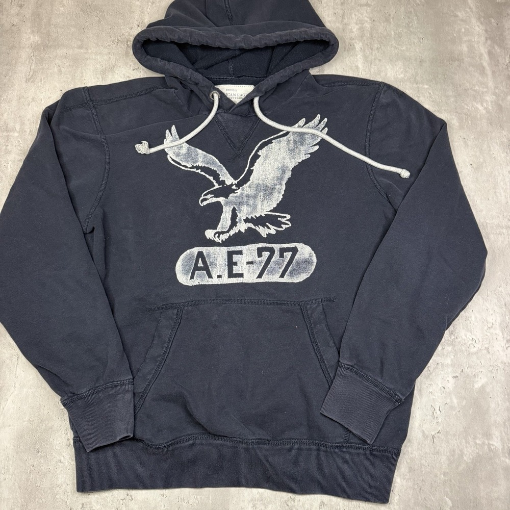 Vintage American Eagle AE77 Hoodie Mens Large Gray Black Pullover Y2K Eagle